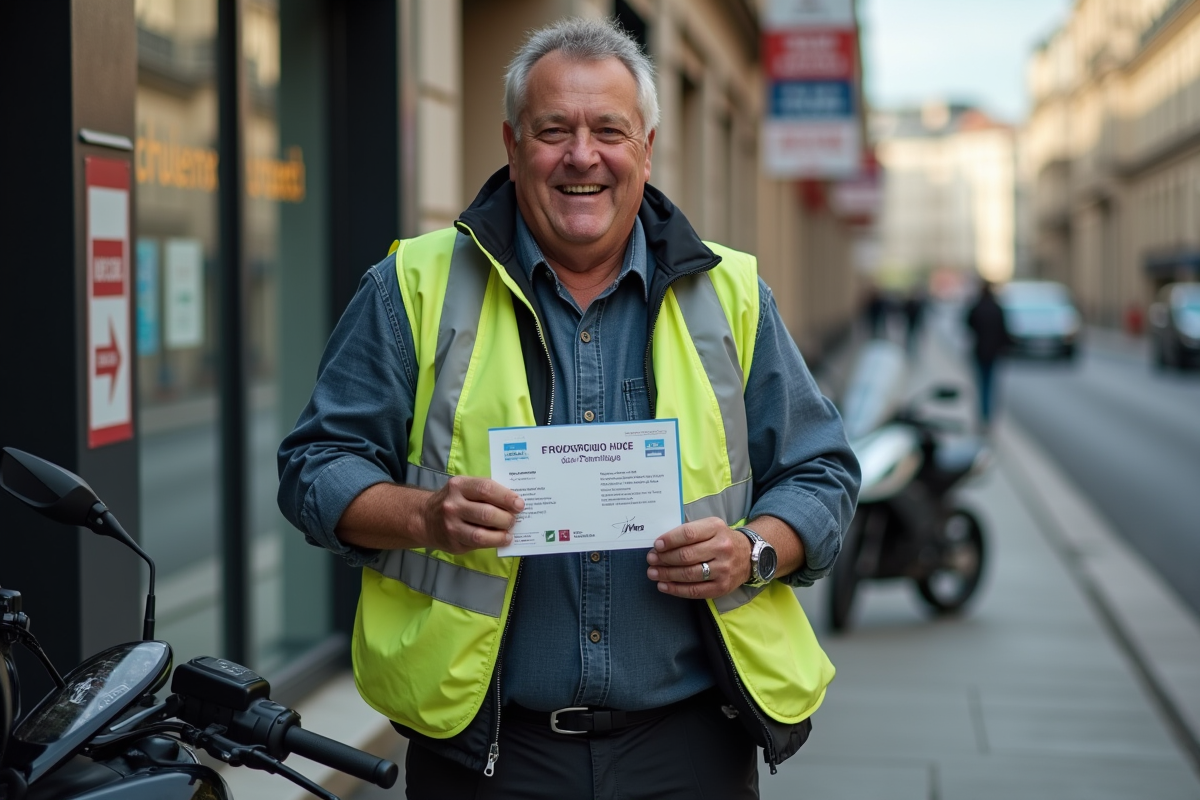 Homme français avec permis moto devant école de conduite