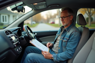 Homme d'âge moyen dans une voiture en train de vérifier des papiers
