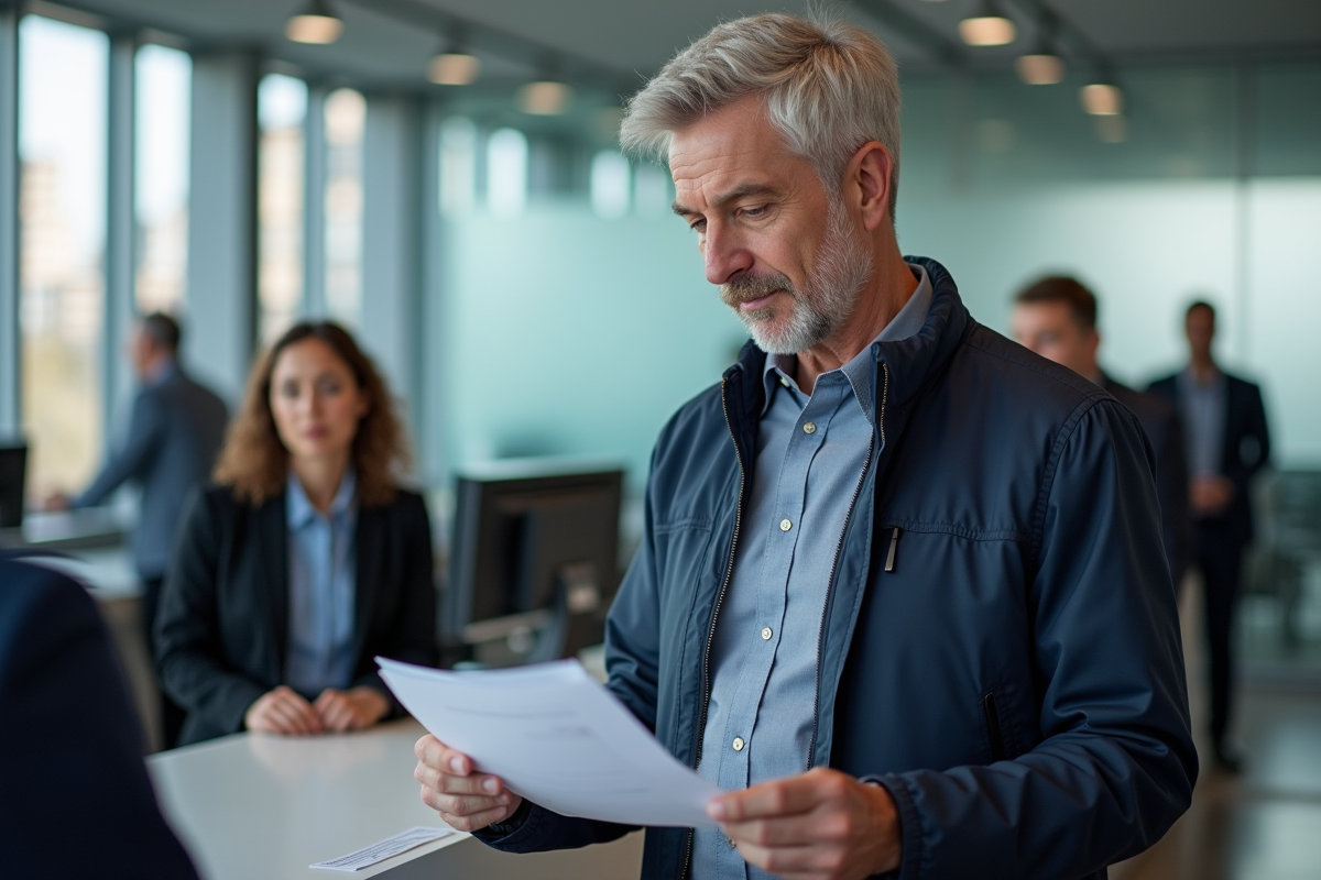 Homme remettant des documents dans un bureau officiel moderne