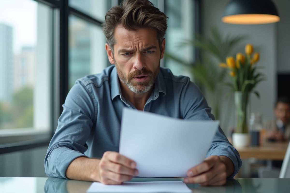 Homme inquiet examinant un contrat de location voiture