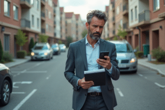 Homme d'affaires inquiet devant sa place de parking vide