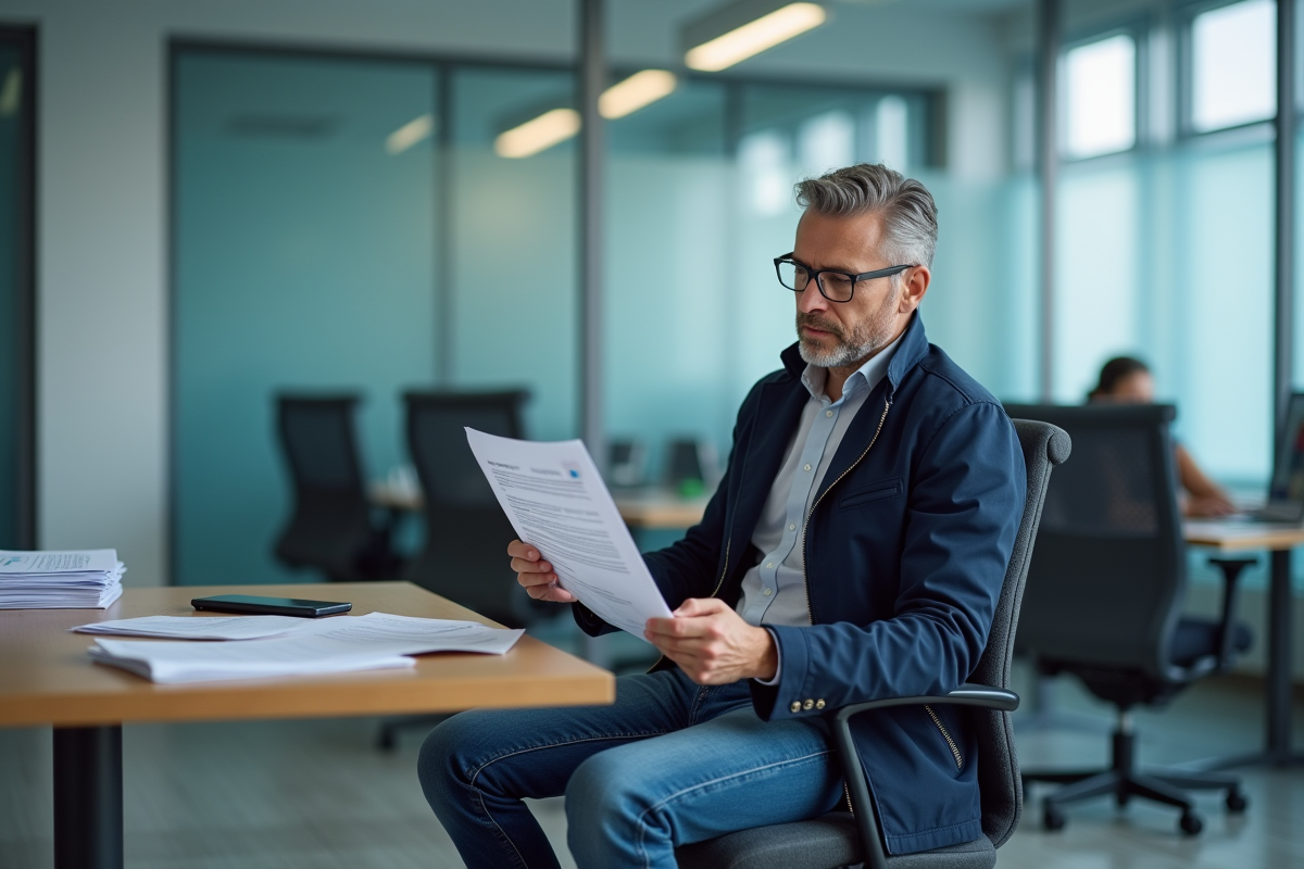 Homme d'âge moyen étudiant ses papiers dans un bureau moderne