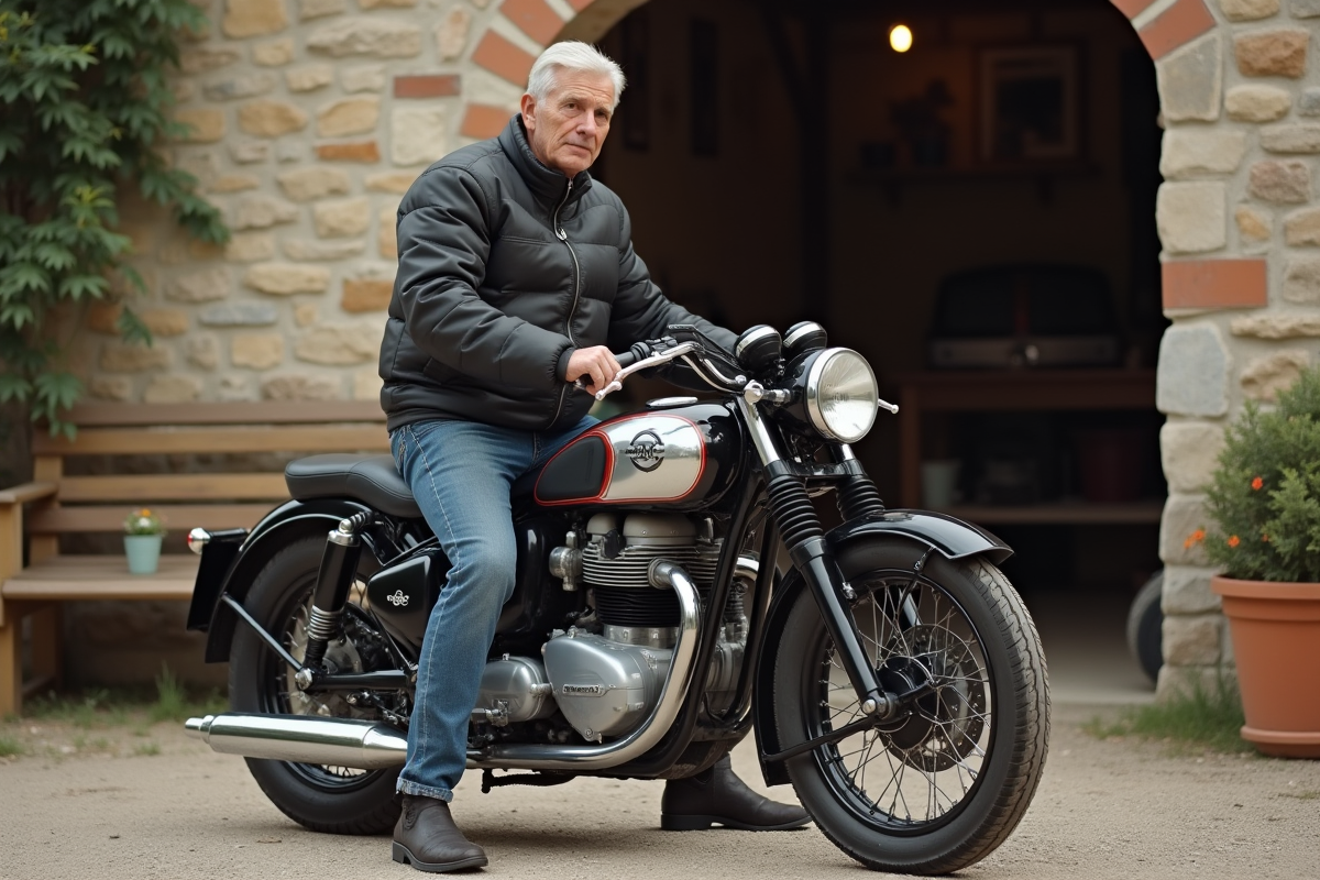 Homme âgé sur moto classique devant un garage de village en France