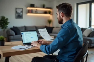 Homme utilisant un ordinateur pour mise à jour véhicule dans un salon lumineux