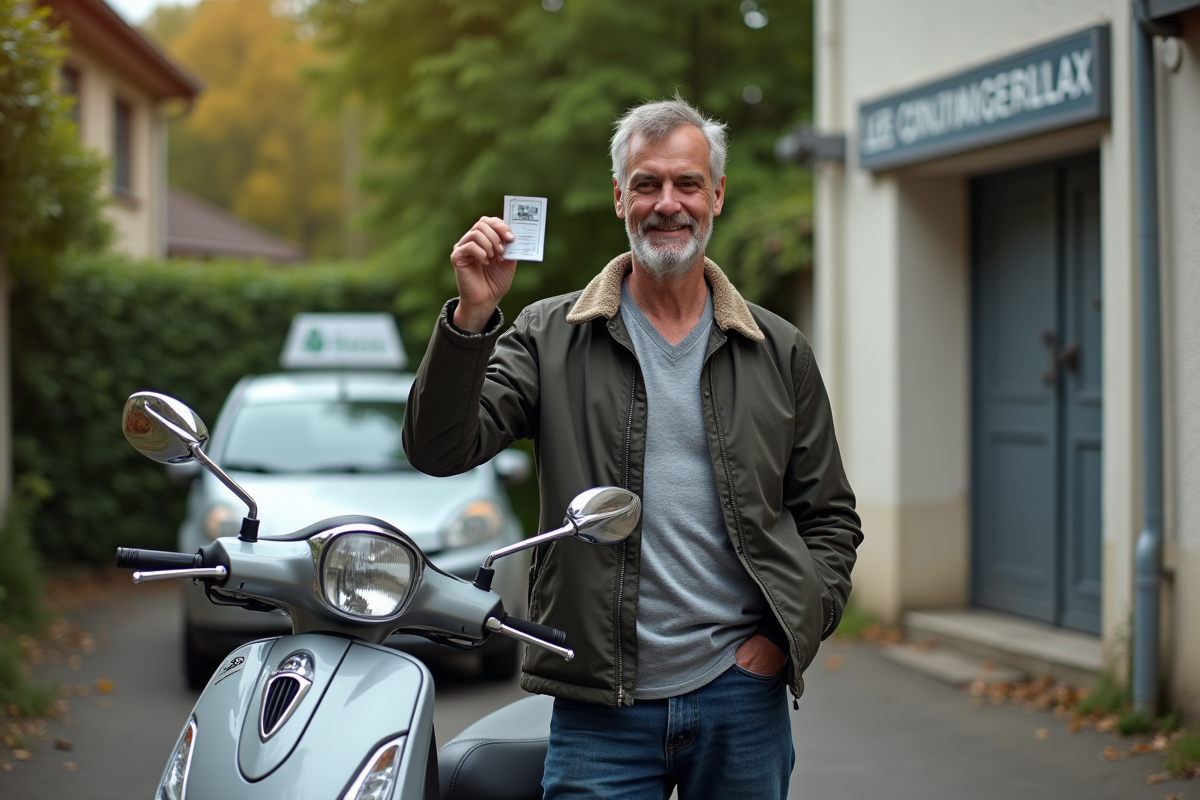 Homme avec permis de conduire devant une école de conduite