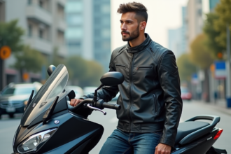 Homme confiant avec casque et scooter Tmax en ville