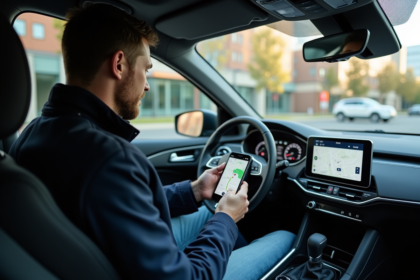 Homme au volant utilisant son smartphone pour la navigation