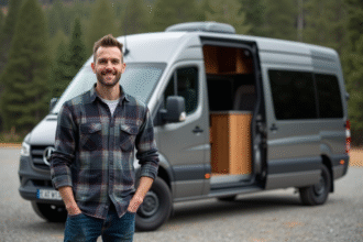 Homme souriant près d'un van aménagé en extérieur