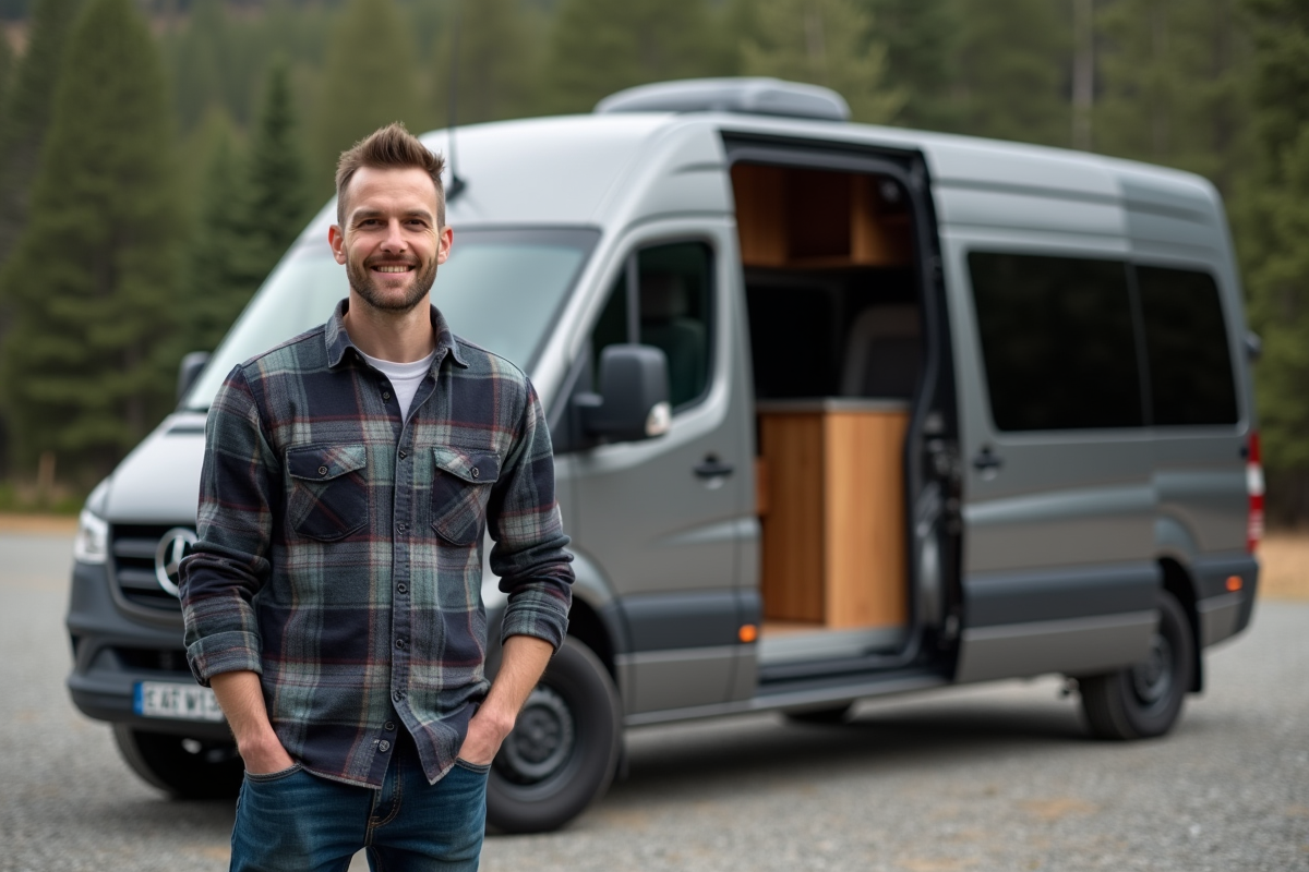 Homme souriant près d'un van aménagé en extérieur