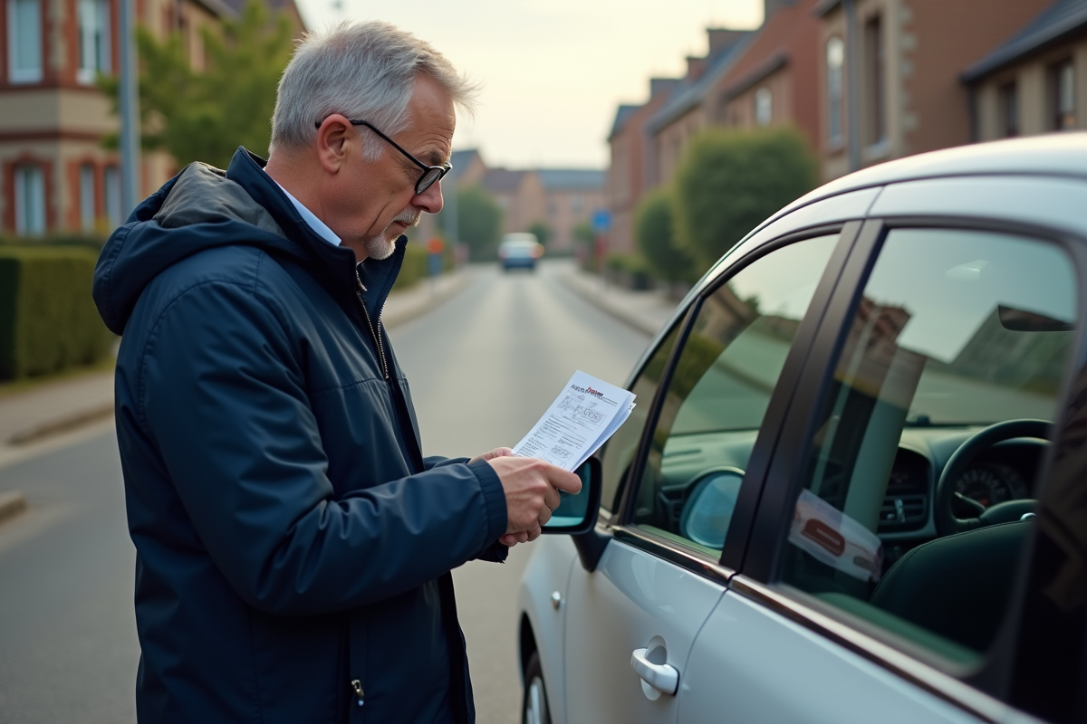 Homme vérifiant le manuel de mise à jour GPS à côté de la voiture