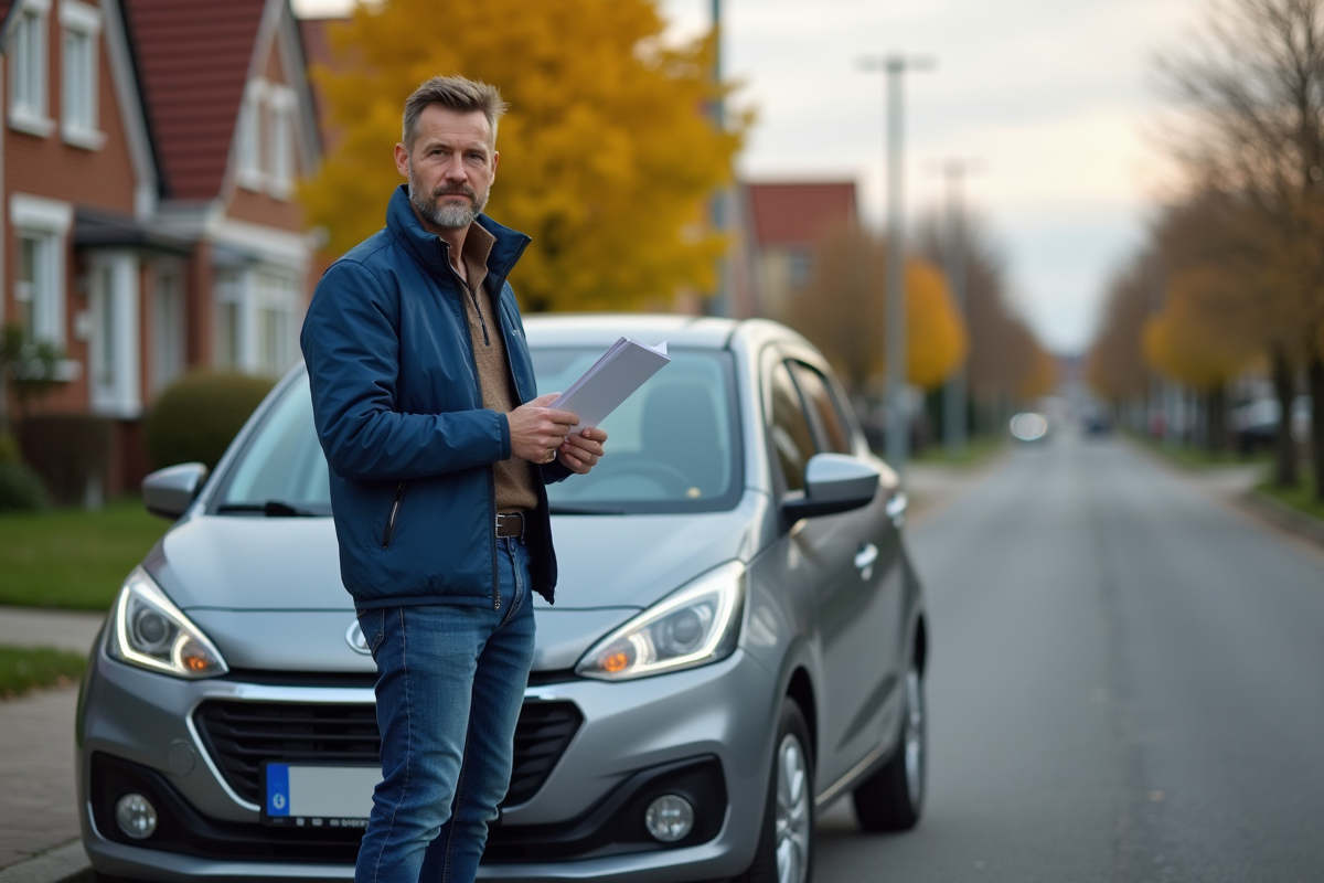 Homme d'âge moyen avec voiture en banlieue automnale