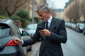 Homme en costume examine une voiture endommagée en ville