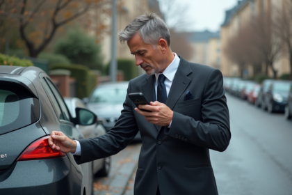 Homme en costume examine une voiture endommagée en ville