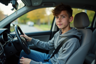 Jeune garçon en voiture attachant sa ceinture de sécurité