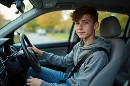 Jeune garçon en voiture attachant sa ceinture de sécurité