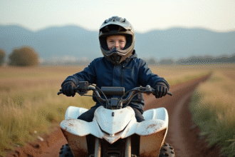 Jeune garçon en équipement de moto quad en pleine nature