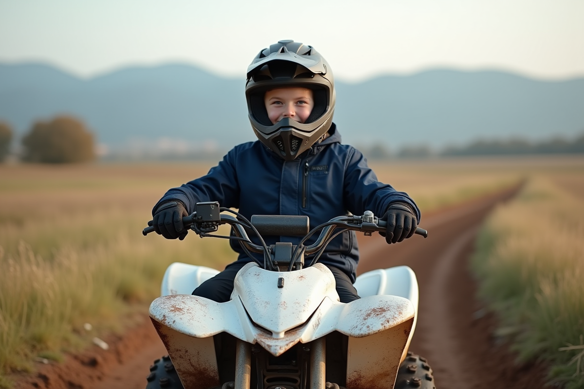 Jeune garçon en équipement de moto quad en pleine nature