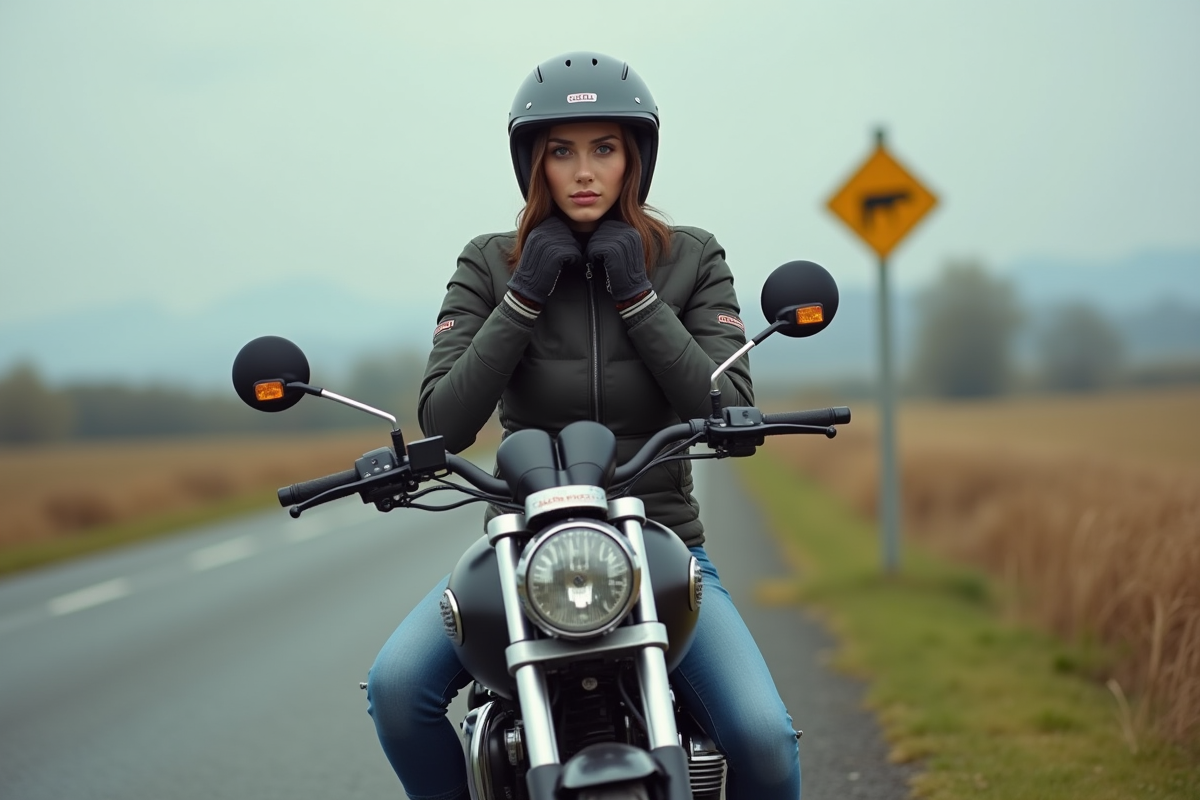 Jeune femme en moto dans la campagne française