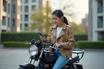 Jeune femme en moto tenant un smartphone dans un parking résidentiel