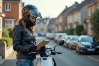 Jeune femme en équipement moto vérifiant ses documents à côté d'un scooter
