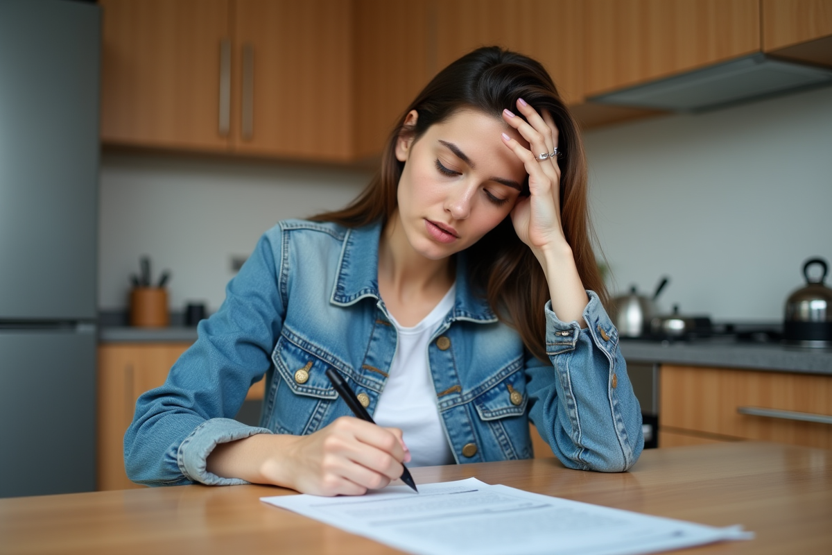 Jeune femme remplissant documents de voiture à la maison