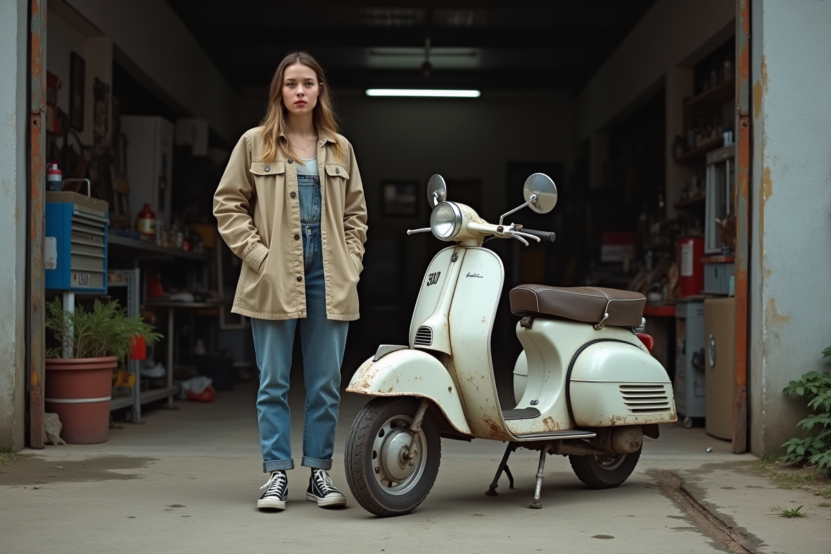 Jeune femme à côté d’un scooter usé dans un atelier urbain