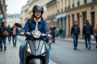 Jeune femme en scooter à Paris avec document officiel