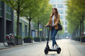 Jeune femme en scooter électrique en ville dynamique