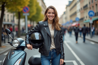 Jeune femme souriante avec scooter en ville