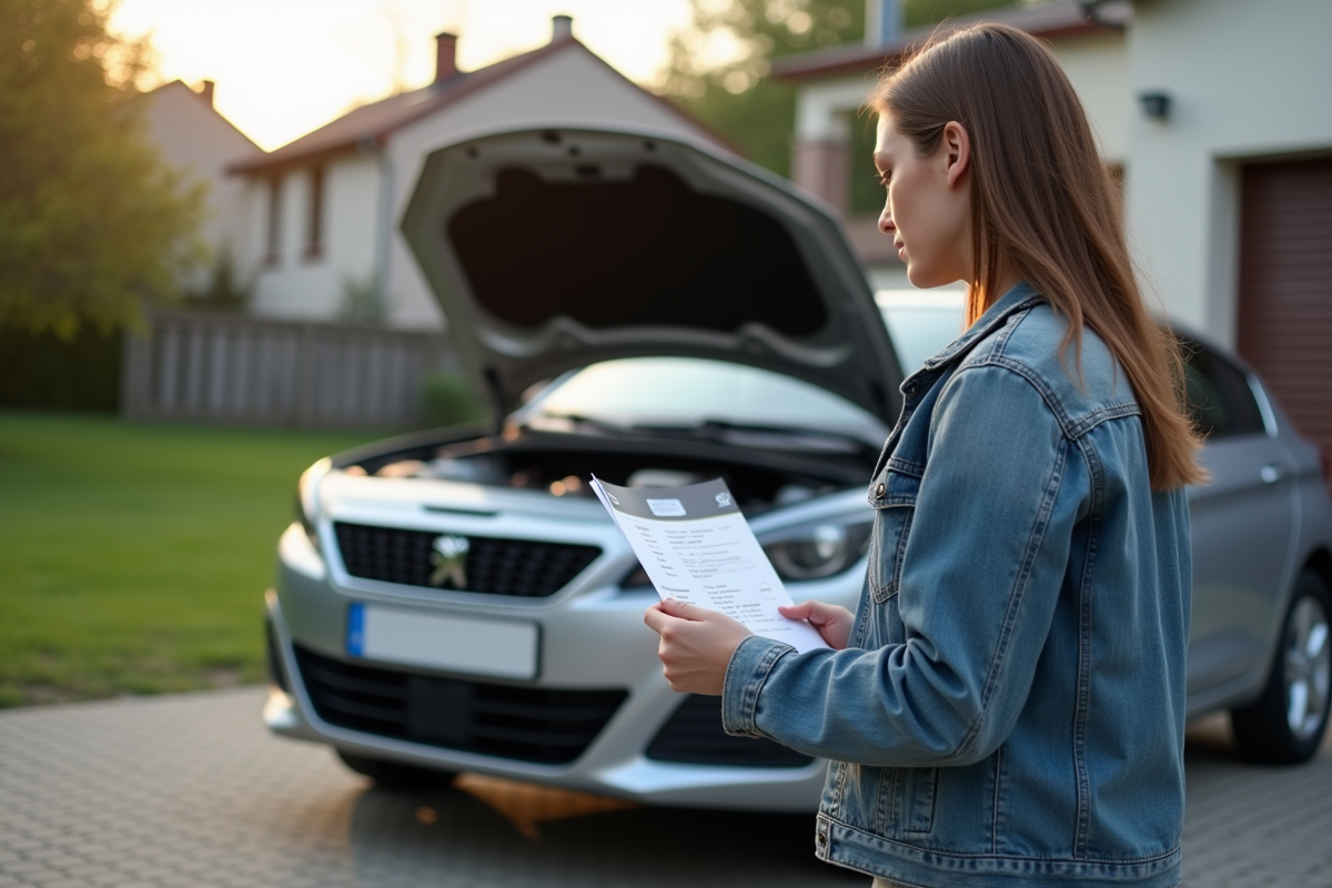 Jeune femme regardant un code de panne sur sa voiture Peugeot