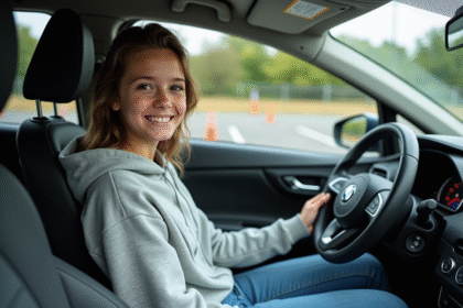 Jeune fille en hoodie dans une voiture moderne