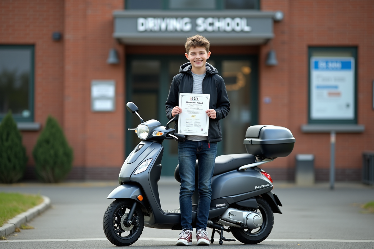 Adolescent souriant avec certificat BSR devant sa mobylette