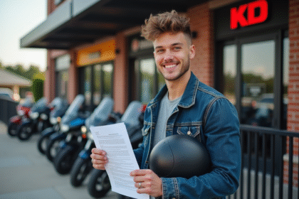 Jeune homme souriant avec casque devant une boutique de location moto