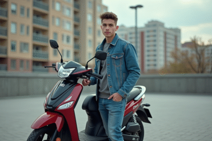 Jeune homme avec moto Dax 50cc en ville