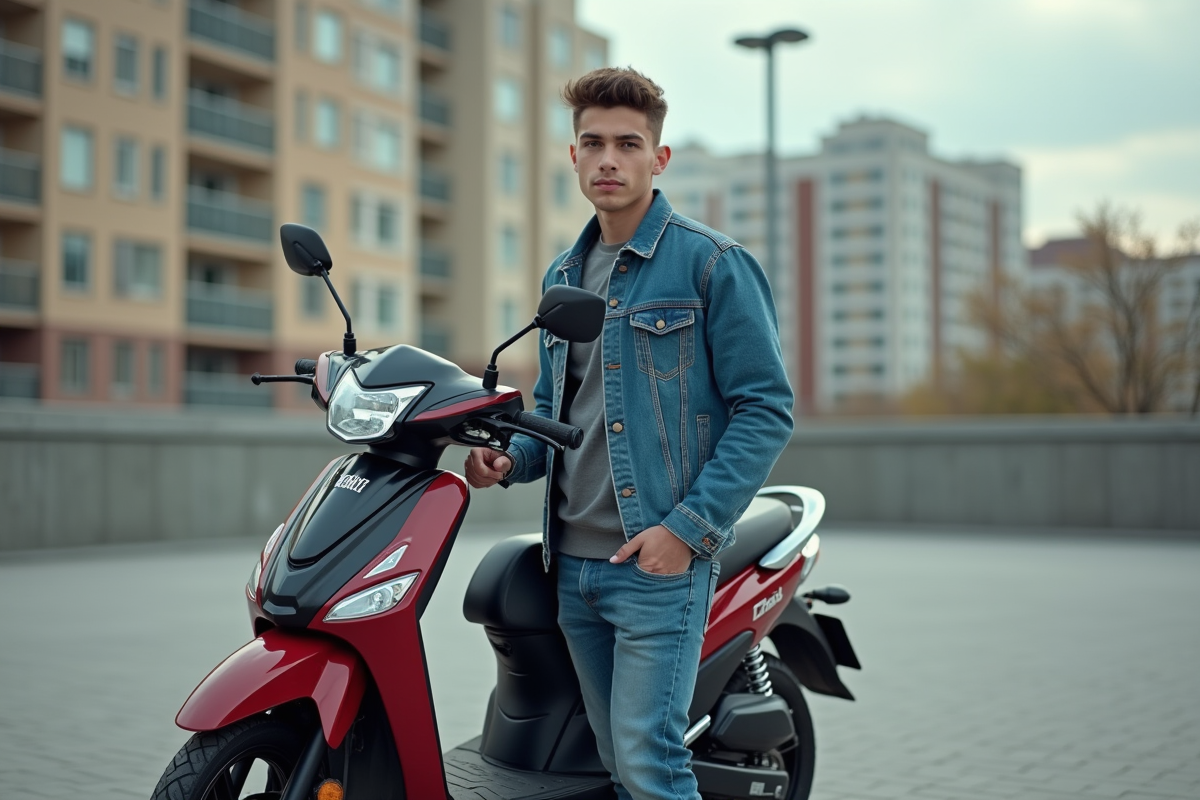 Jeune homme avec moto Dax 50cc en ville