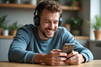 Jeune homme en cuisine photographiant des ecouteurs sans fil