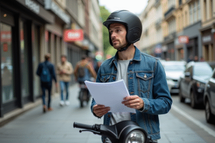 Jeune homme avec scooter et documents d'assurance