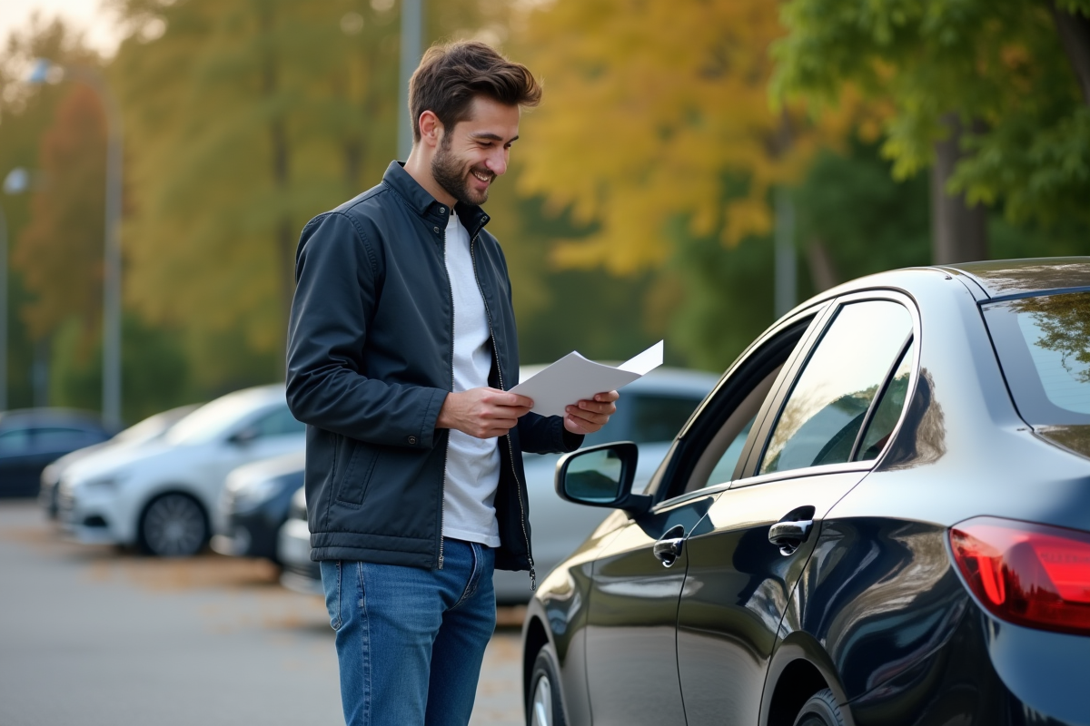 Jeune homme examine une voiture dans un parking urbain