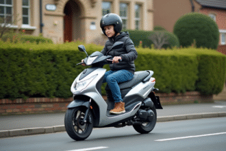 Jeune garçon de 14 ans en casque roulant en scooter moderne dans un quartier calme