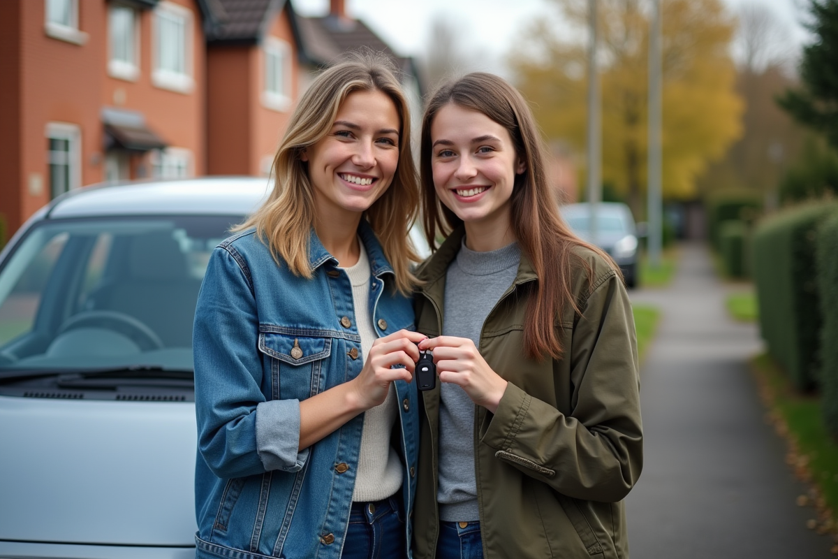 Maman et fille souriantes avec clés de voiture devant une maison