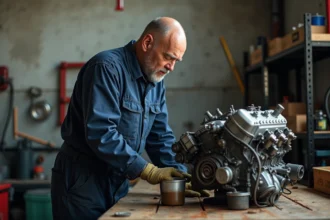 Mécanicien en overalls inspectant un moteur de voiture sale