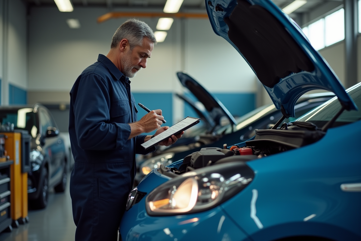 Mécanicien en tenue inspectant une voiture en atelier