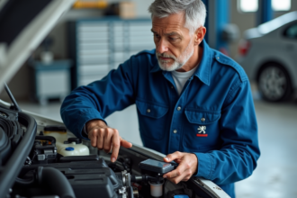 Mécanicien homme en overalls bleus examinant un moteur Peugeot