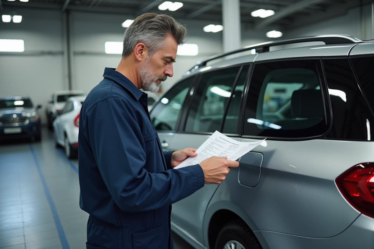 Mécanicien homme en tenue dans un garage moderne avec voiture