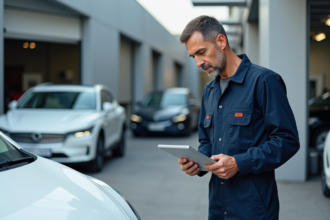 Mécanicien homme examinant une voiture électrique blanche