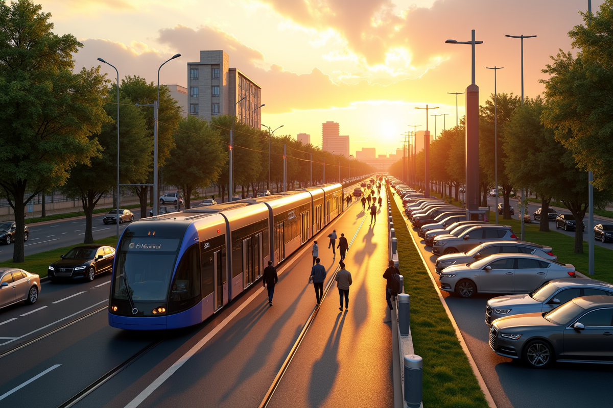 Station de covoiturage au lever du soleil avec tram et nature