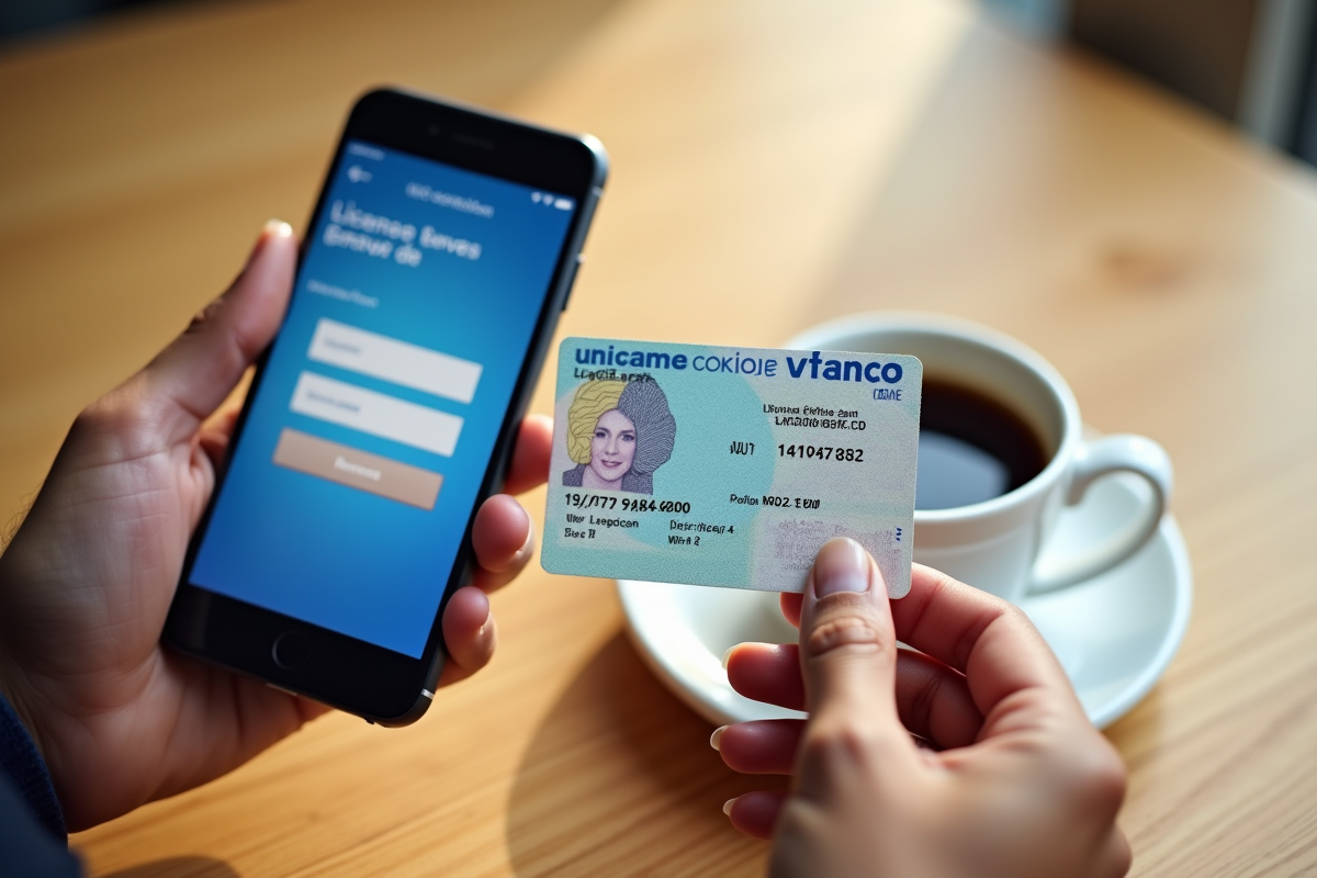 Permis de conduire français tenu en main avec smartphone et café