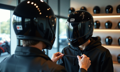 Personne ajustant un casque moto noir devant un miroir lumineux