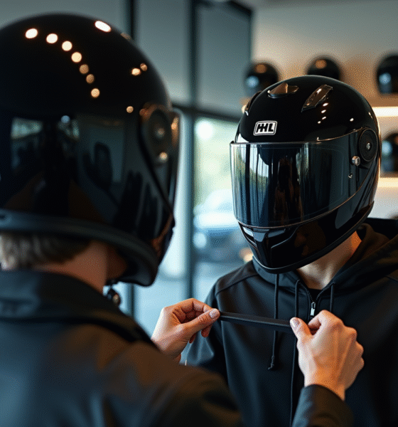 Personne ajustant un casque moto noir devant un miroir lumineux