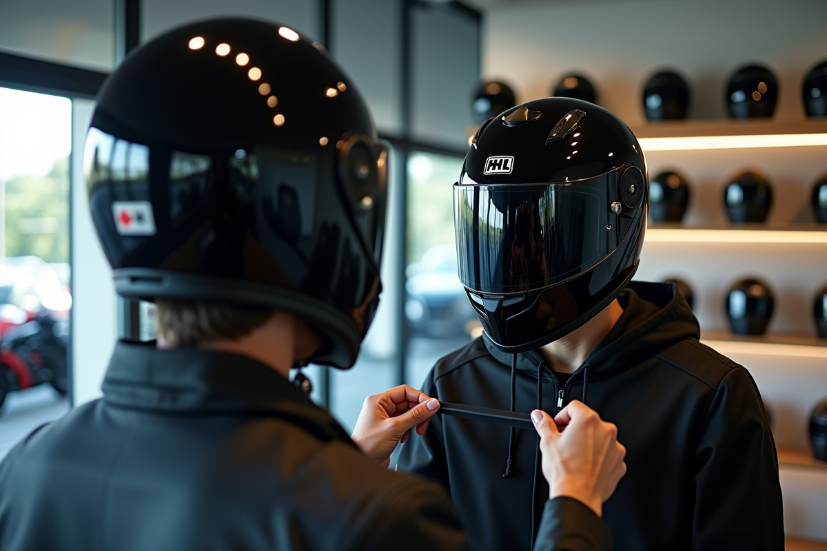 Personne ajustant un casque moto noir devant un miroir lumineux